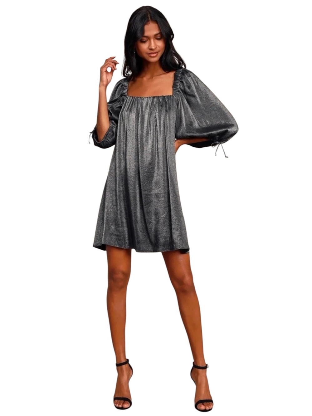 Free People Mara Metallic Puff Sleeve Shift Dress size L